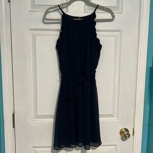 BCX Navy scallop neck flare dress with tie waist